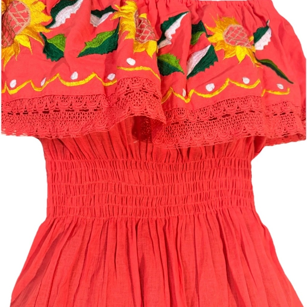 Women's Off-Shoulder Embroidered Sunflower Blouse - Coral